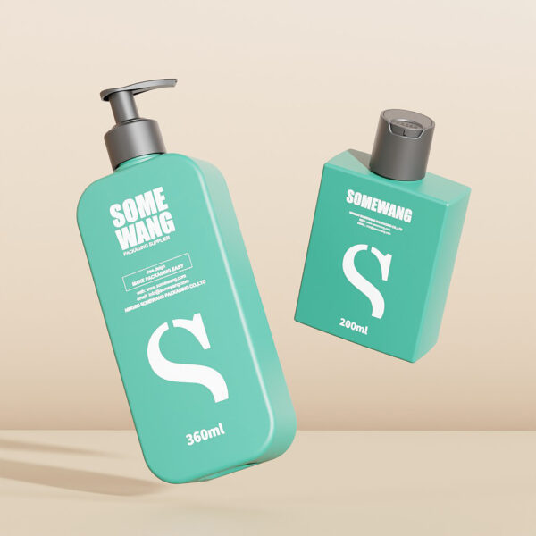 Two teal "Somewang" bottles with horse logo, one pump (360ml), one cap (200ml), on a beige background.