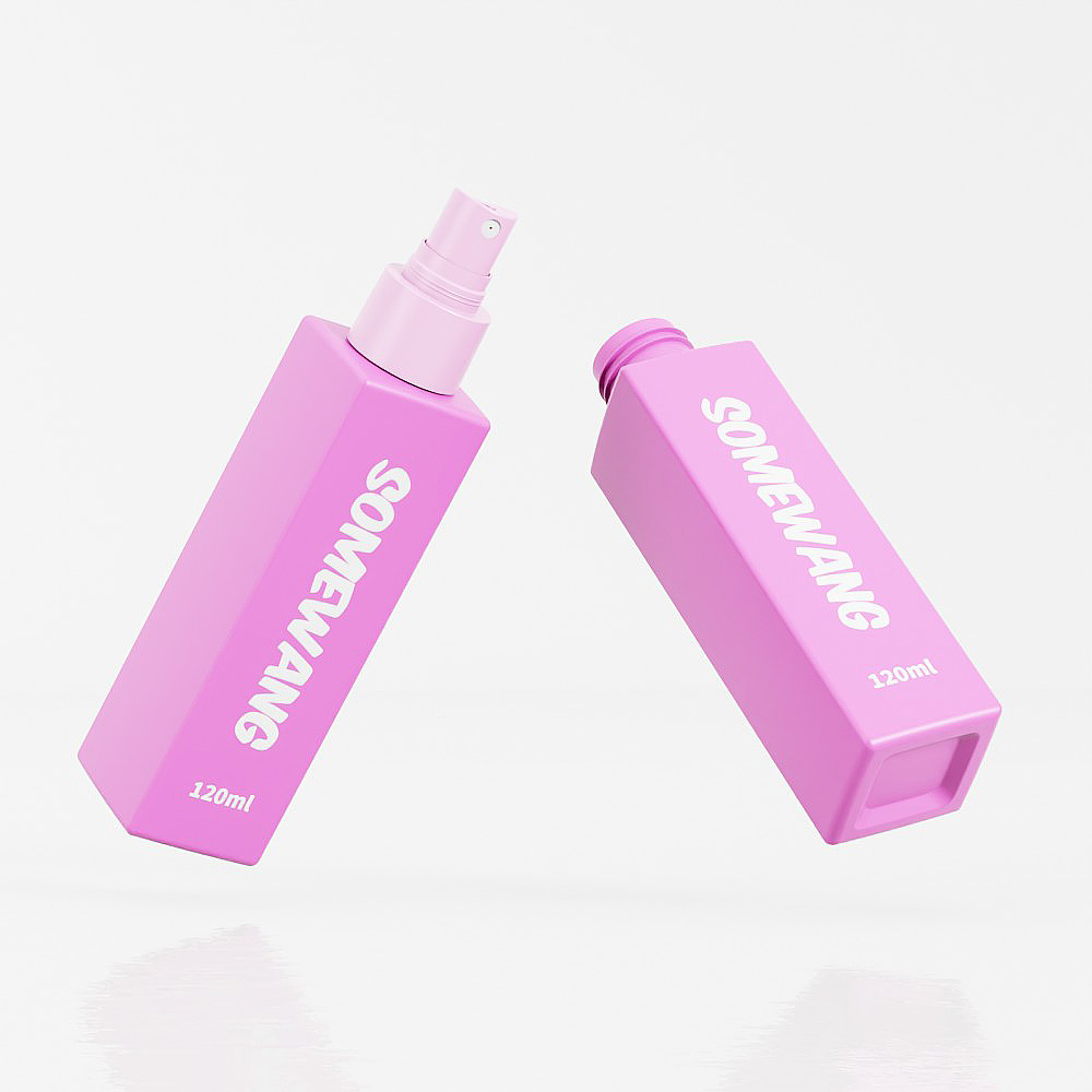 Two pink "SOMEWANG 120ml" spray bottles; one upright, one on its side.