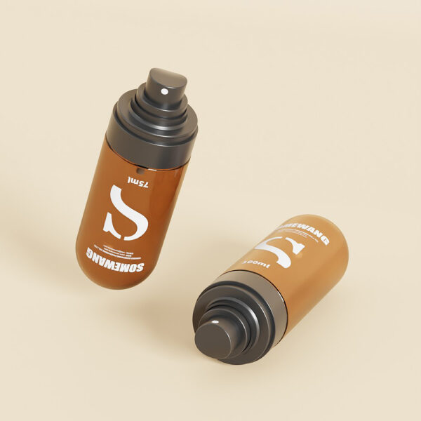 Two brown bottles labeled "SOMEBRAND" (75ml) with black caps lie on a beige surface.