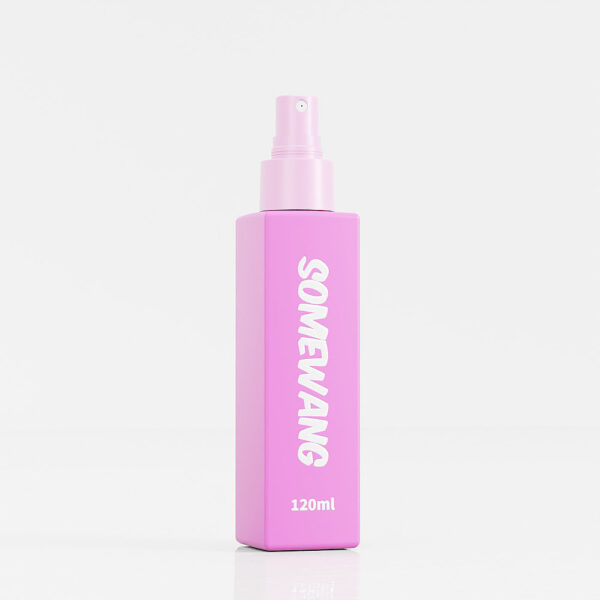 Pink 120ml "SOMEWANG" spray bottle with clear cap on white surface, plain background.