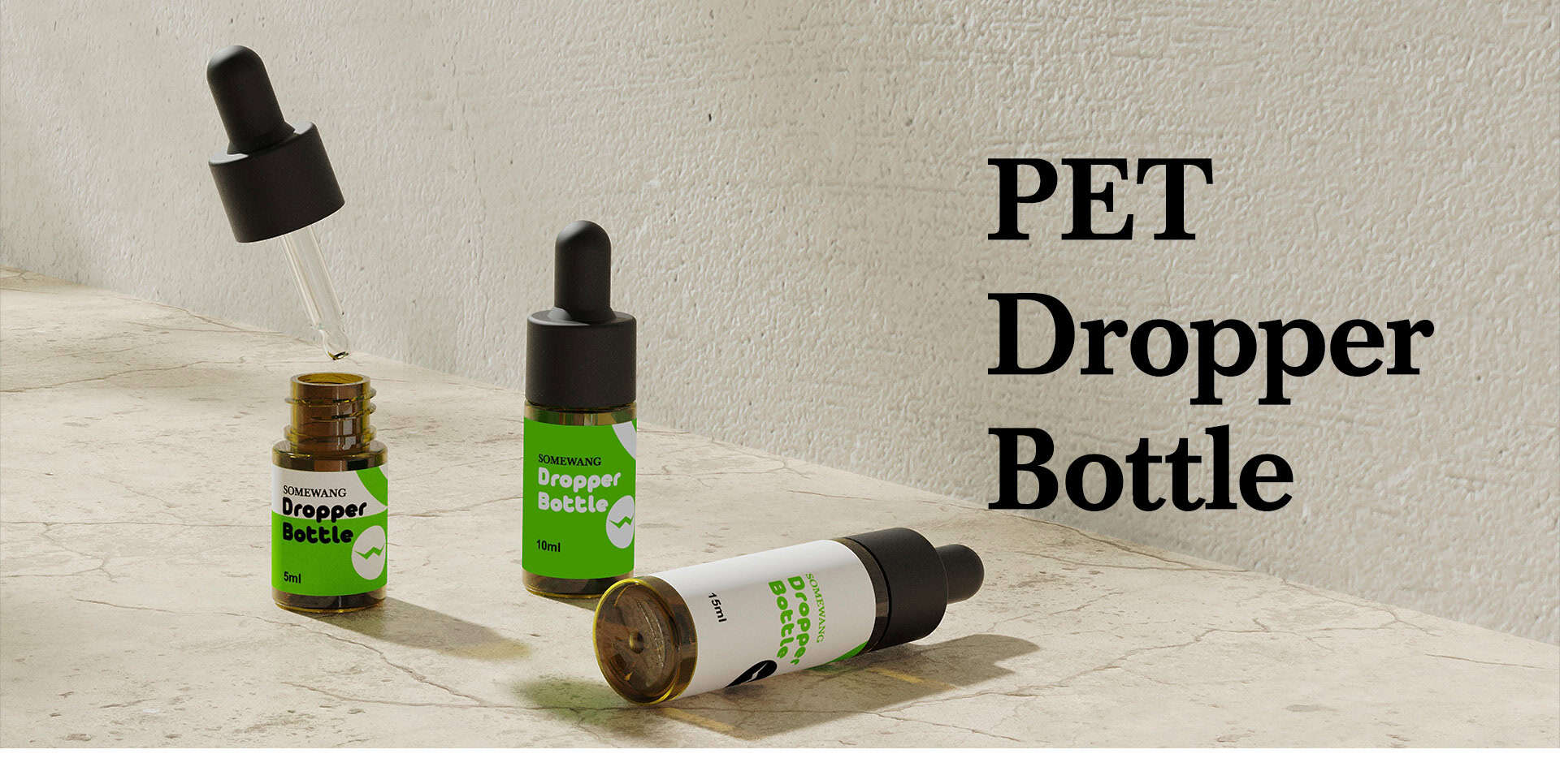 Tre flaconi contagocce in PET da 10 ml sono appoggiati sul cemento; uno eroga il liquido. Testo: "Flacone contagocce in PET.