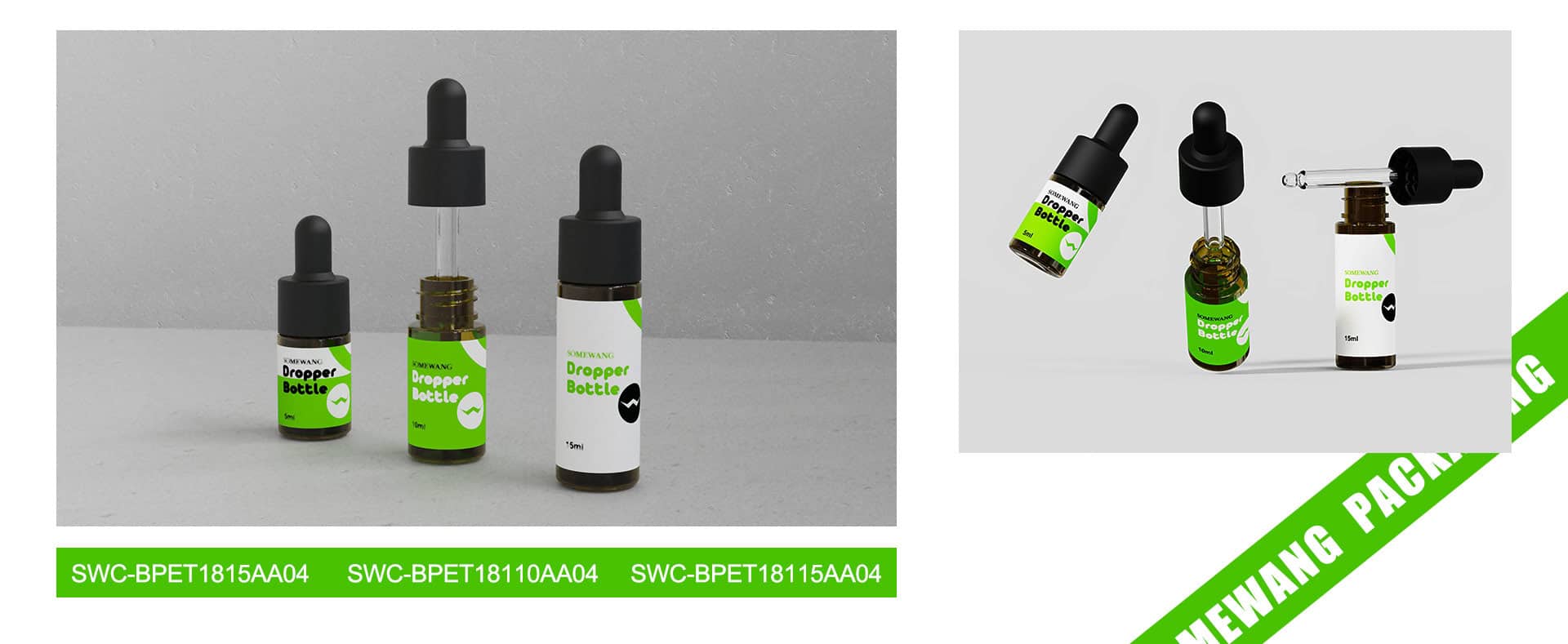 Sono raffigurati tre flaconi contagocce in vetro con tappi neri ed etichette bianco-verdi con i codici SWC-BPET1815A404 e SWC-BPET1810A404.