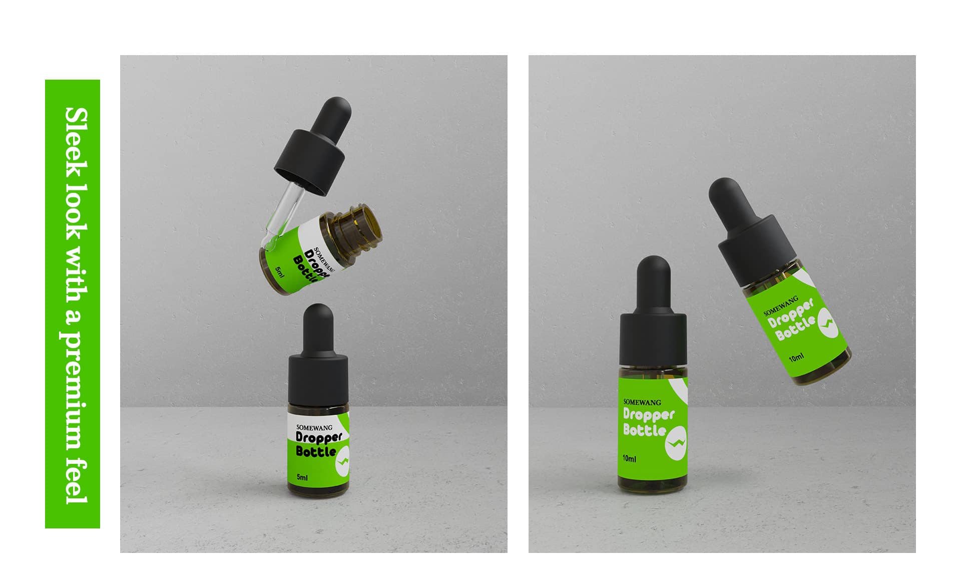 Sono mostrati due flaconi contagocce verdi: uno versa il prodotto a mezz'aria, l'altro in verticale. "Aspetto elegante e sensazione di qualità.