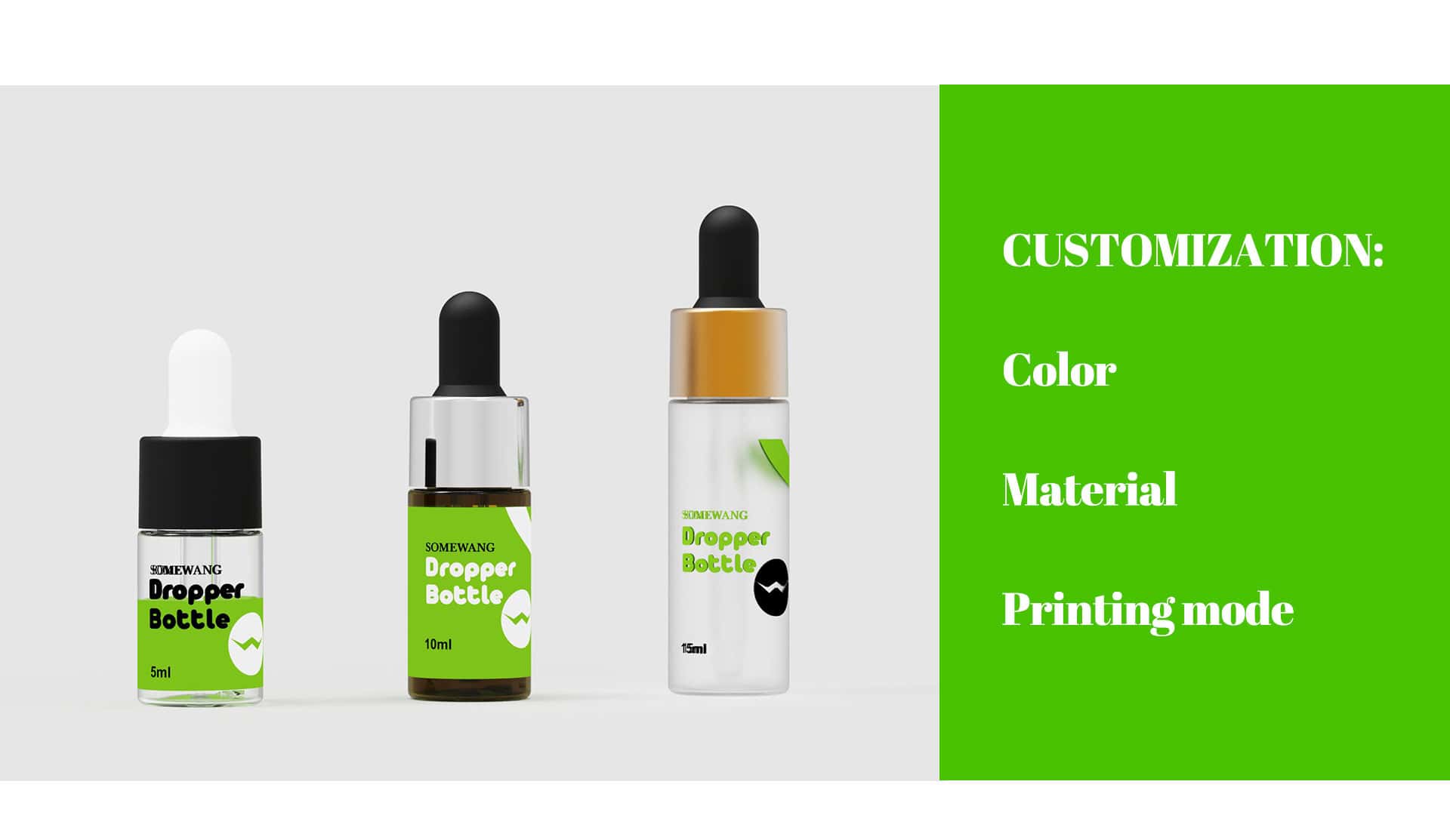 Sono mostrati tre flaconi contagocce con vari coperchi ed etichette accanto al testo che elenca colori, materiali e opzioni di stampa.