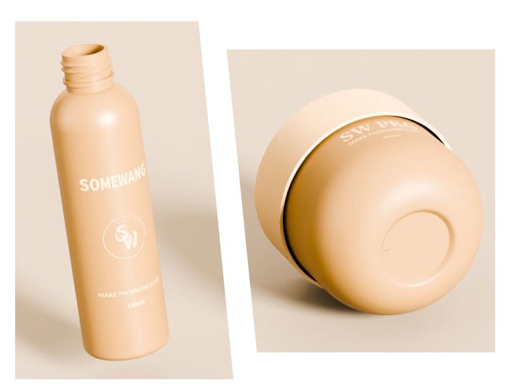 두 개의 베이지색 화장품 용기(하나는 키가 크고 "SOMEWANG"이라고 브랜드가 적혀 있고, 다른 하나는 키가 작음)가 중립적인 배경 위에 놓여 있습니다.