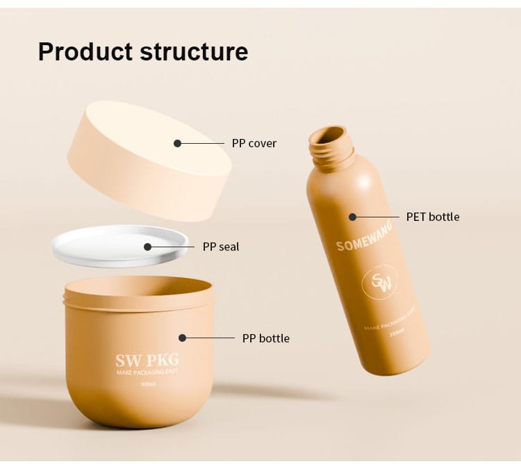 베이지색 PP 덮개, 밀봉재, 병을 담은 다이어그램과 베이지색 PET 병 옆에 있는 항아리.