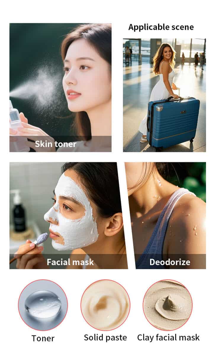 콜라주: 토너를 뿌리는 여성, 여행하는 여성, 흰색 마스크를 바르는 여성, 땀을 흘리는 피부, 토너, 페이스트, 클레이 마스크의 클로즈업.