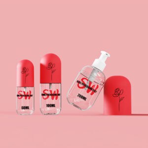 Three rose-designed PET bottles (100ml, 160ml, 220ml) with red caps—ideal for spray cream or capsule use.