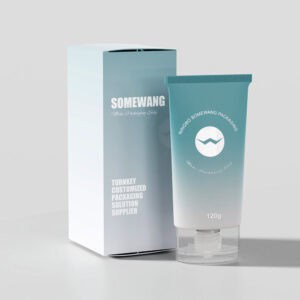 Płaska tuba D45 LDPE o pojemności 120 ml, z gradientem niebiesko-białym i zakrętką otwieraną na zatrzask, oznaczona marką „Somewang”, oferuje innowacyjne rozwiązania w zakresie opakowań.
