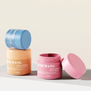 10ml 화장품 용기 3개: 왼쪽은 파란색/주황색 쌍이 쌓여 있고, 오른쪽은 열린 분홍색이며, 모두 "Somewang"이라고 라벨이 붙어 있습니다.