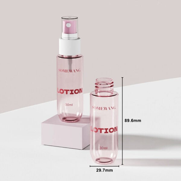 Two pink 30ml PET mist bottles by SOMEWANG: one with spray nozzle, one open; each 89.6mm tall, 29.7mm base.