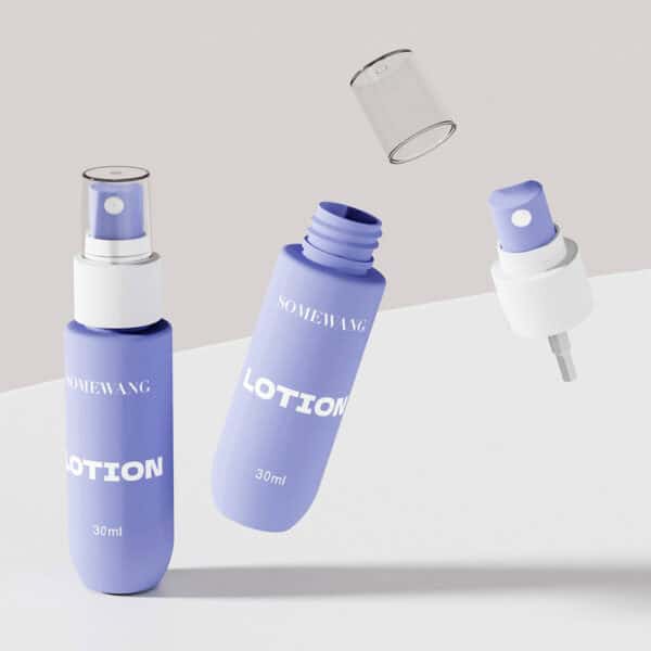 Three 30ml PET mist bottles with white spray tops are shown capped, open, and disassembled on a light background.