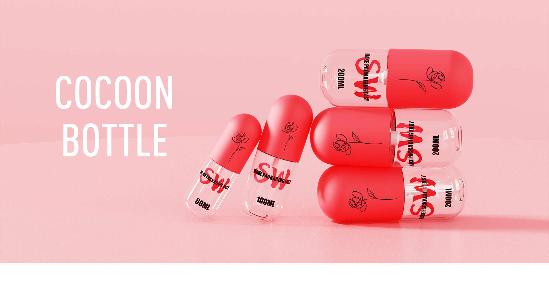 Sur un fond rose tendre, des flacons en forme de cocon, rouges et transparents, se dressent ou se posent gracieusement. Les étiquettes indiquent «&nbsp;200&nbsp;ml&nbsp;» et «&nbsp;100&nbsp;ml&nbsp;».