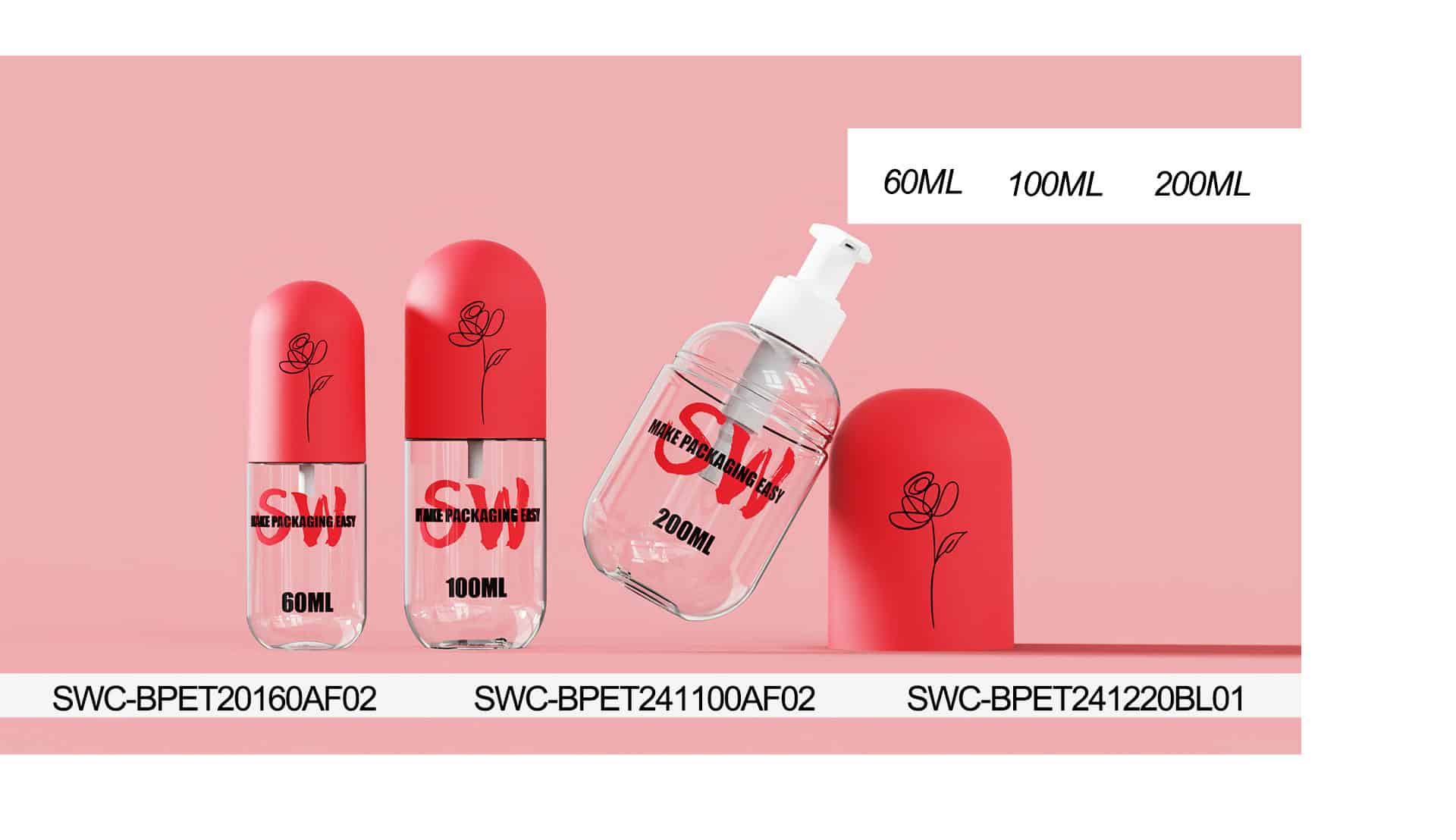 Trois flacons de parfum Cocoon rouges (60 ml, 100 ml, 200 ml) ornés de motifs roses se détachent sur un fond rose. Le flacon de 200 ml est incliné, laissant apparaître une pompe.