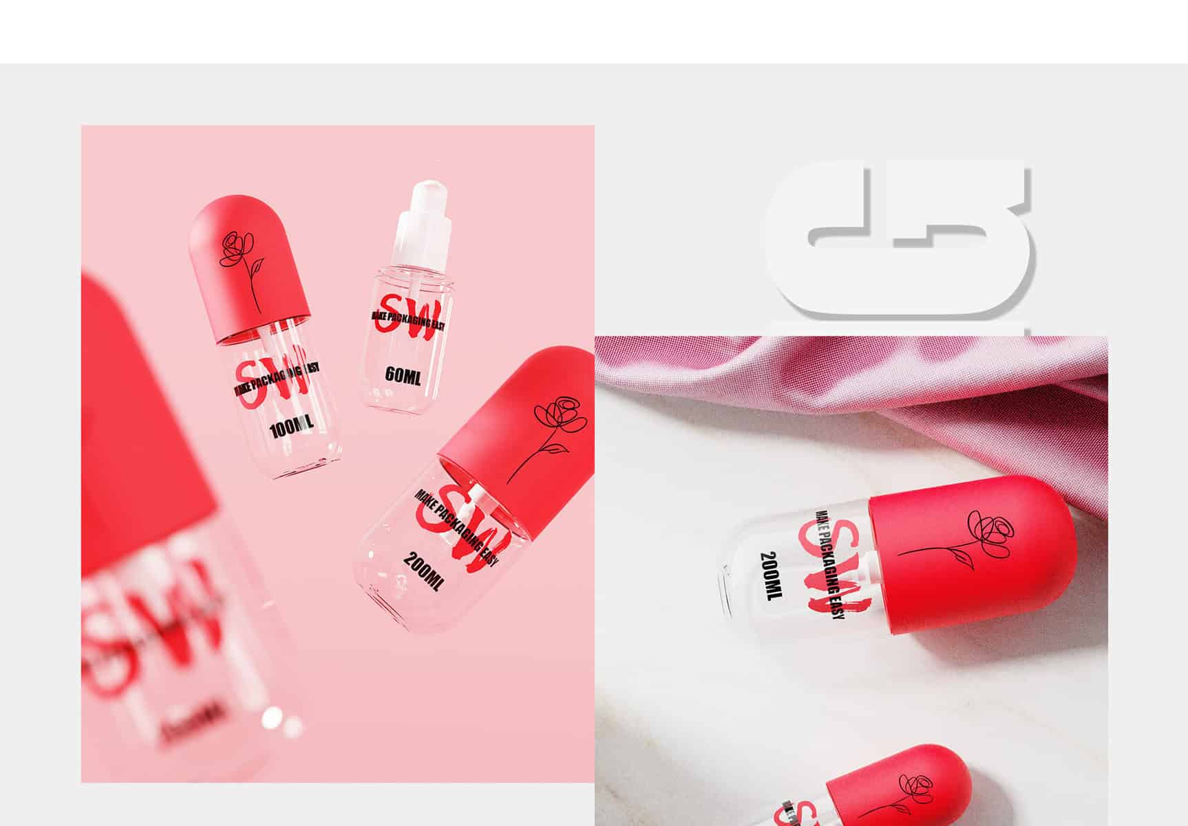 Quatre bouteilles Cocoon avec des bouchons rouges et des motifs floraux se trouvent sur un fond rose/blanc, étiquetées «&nbsp;SW&nbsp;»&nbsp;: 100&nbsp;ML, 60&nbsp;ML et 200&nbsp;ML.