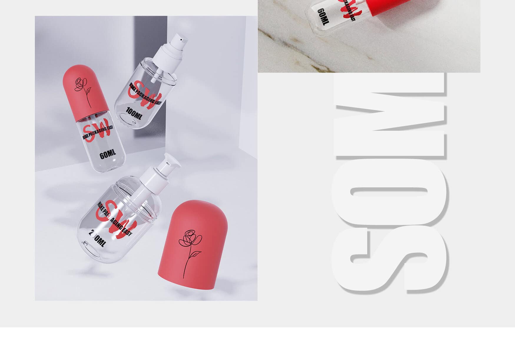 Deux bouteilles Cocoon « SOM » transparentes avec des bouchons rouges et des motifs floraux sont présentées, ainsi que deux bouchons supplémentaires, complétant l'affichage.