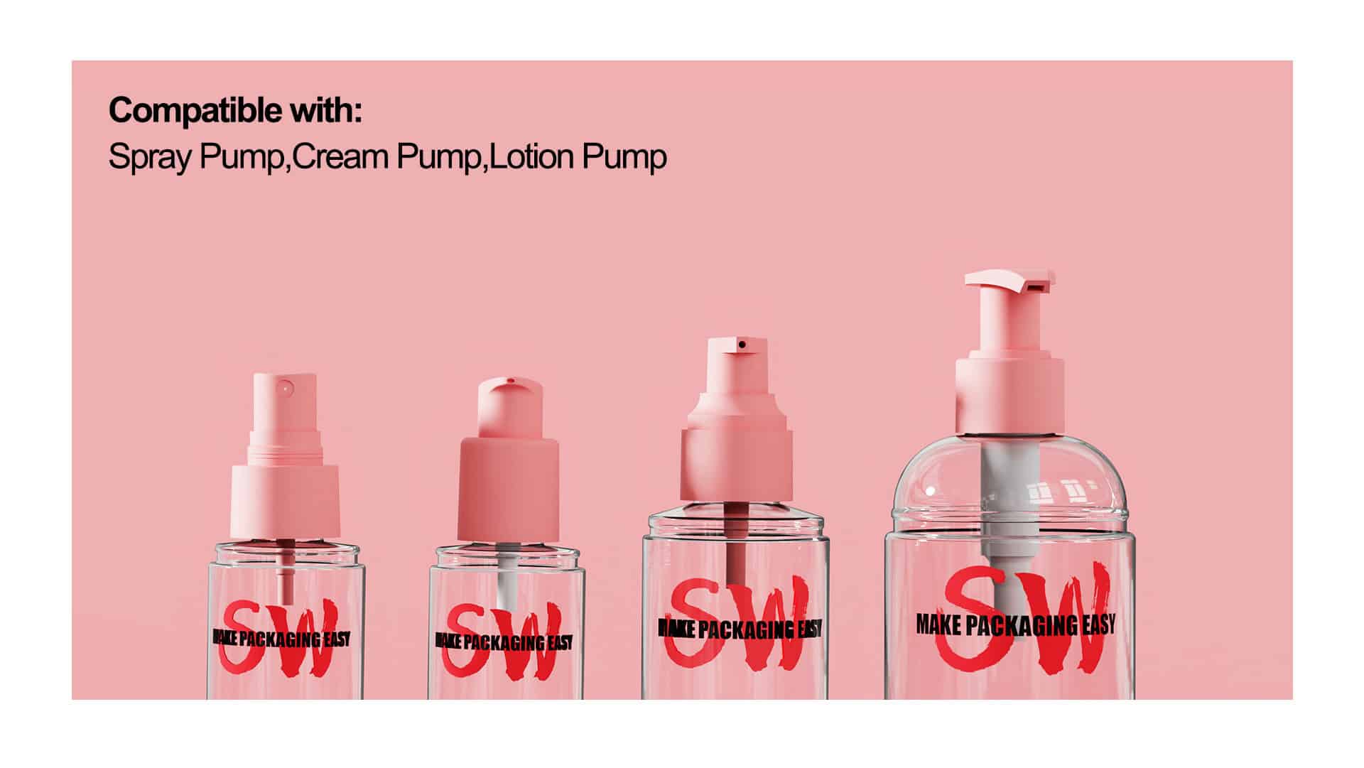 Quatre bouteilles Cocoon avec des pompes roses sur fond rose sont étiquetées « MAKE PACKAGING EASY », compatibles avec le spray, la crème et la lotion.