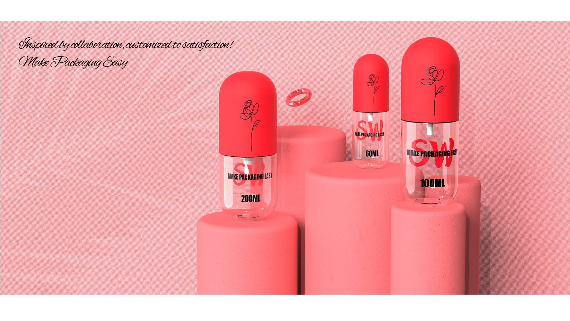 Trois bouteilles Cocoon (200 ml, 100 ml, 60 ml) sur plateforme rose avec un anneau rouge au-dessus. Texte&nbsp;: «&nbsp;Fabriqué en collaboration, personnalisé pour satisfaire&nbsp;!&nbsp;»