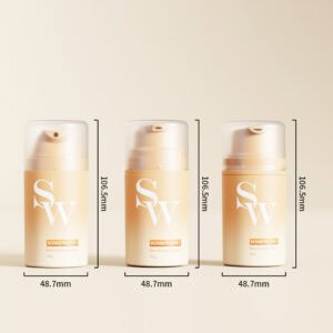Tres botellas airless de PP de 50 ml (106,5 x 48,7 mm), etiquetadas "SW" y "SOMEWANG", ofrecen una dispensación elegante y sin complicaciones.