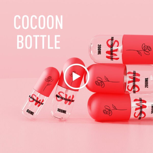 Botellas en forma de capullo con tapones rojos (60 ml, 100 ml, 200 ml) elegantemente dispuestas sobre un fondo rosa. "COCOON BOTTLE" a la izquierda.