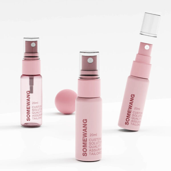 Three pink 20ml "SOMEWANG" spray bottles: one capped, one uncapped, and one with cap being removed.
