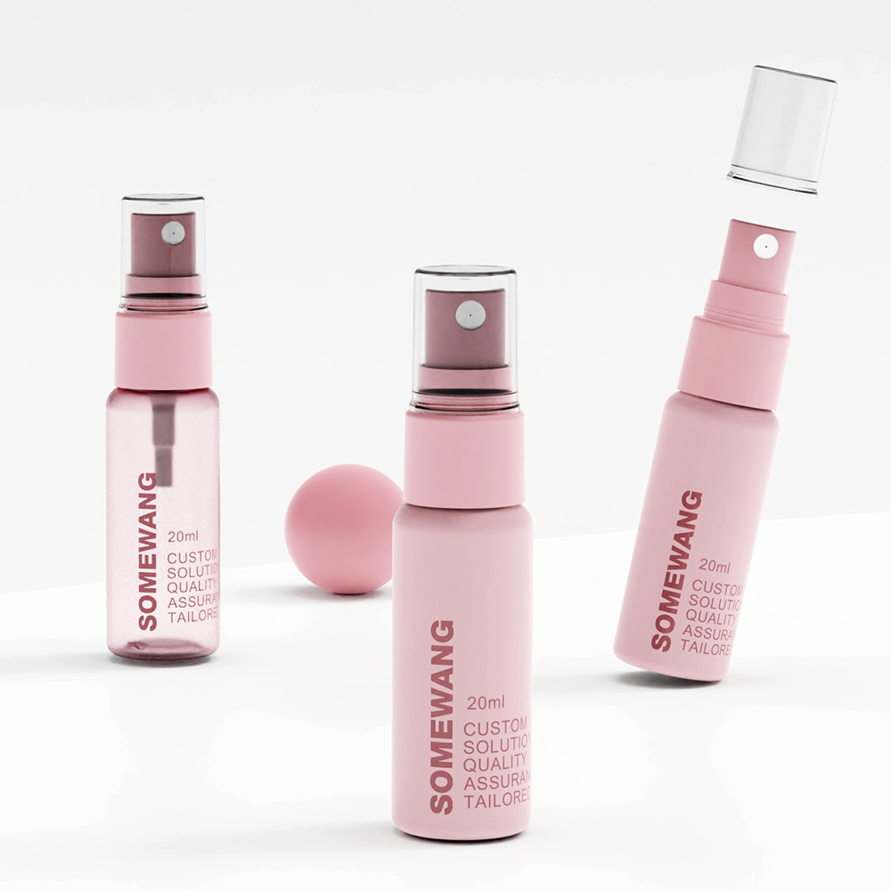 Three pink 20ml "SOMEWANG" spray bottles: one capped, one uncapped, and one with cap being removed.
