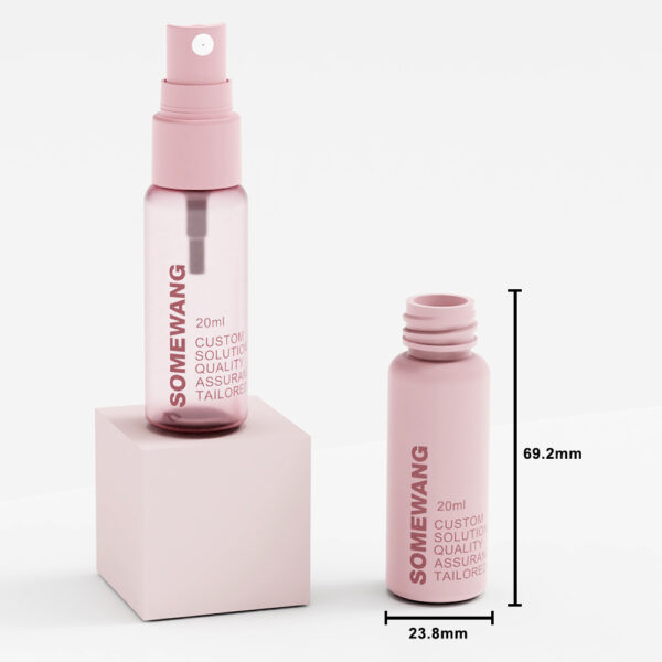 Two pink "SOMEWANG 20ml" spray bottles; one uncapped. Size: 69.2mm tall, 23.8mm diameter.