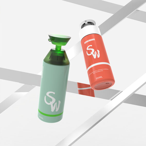 Two "SW" cosmetic bottles (green and orange) float on a reflective, minimal background with intersecting glass lines.