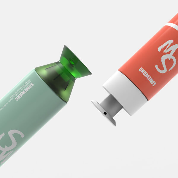 Two cosmetic tubes—one green with a clear cap, one red with a white pump—lie diagonally on a white background.