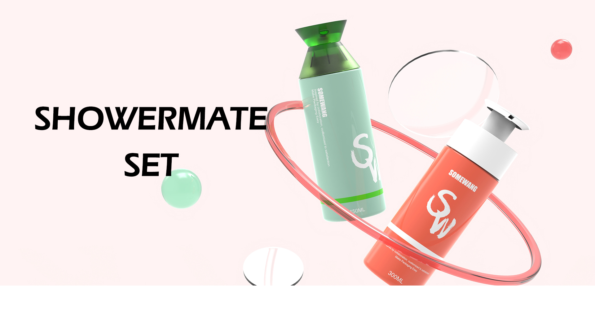 Two Showermate bottles, green and orange, with floating spheres on a light pink background.
