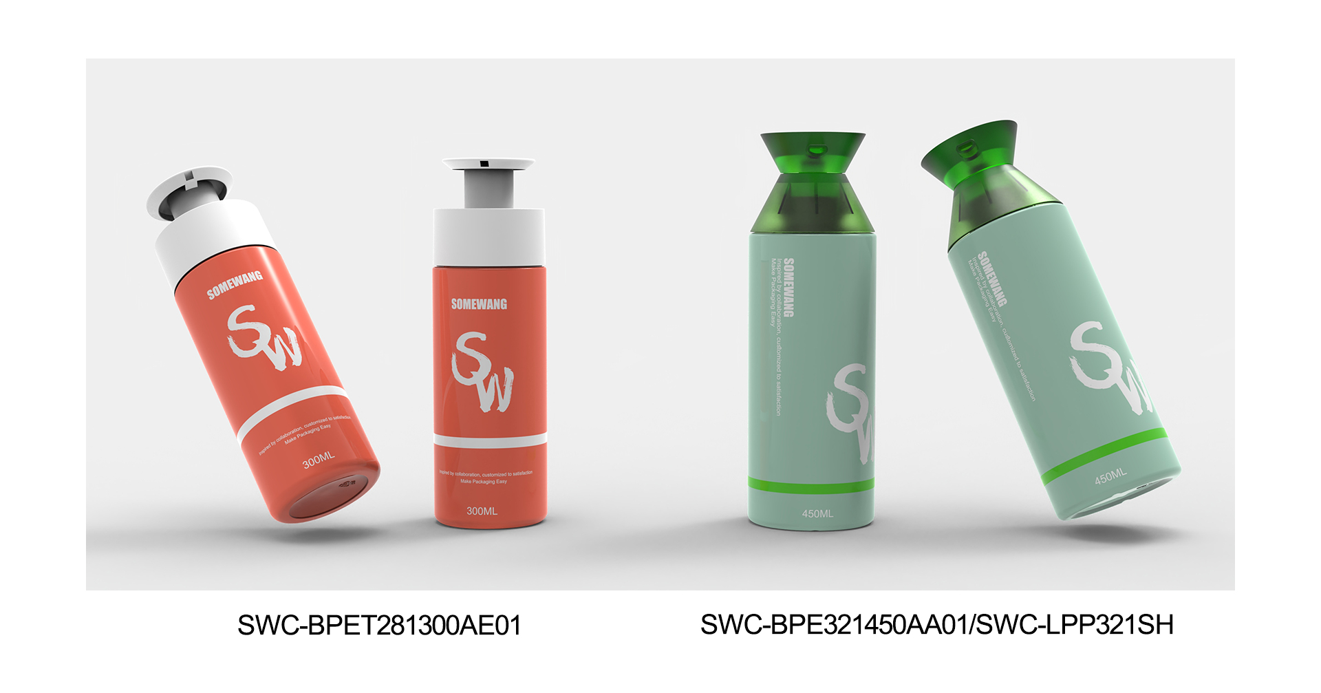 Four red and green SW-branded shower gels and shampoos, shown with product codes on a white background.