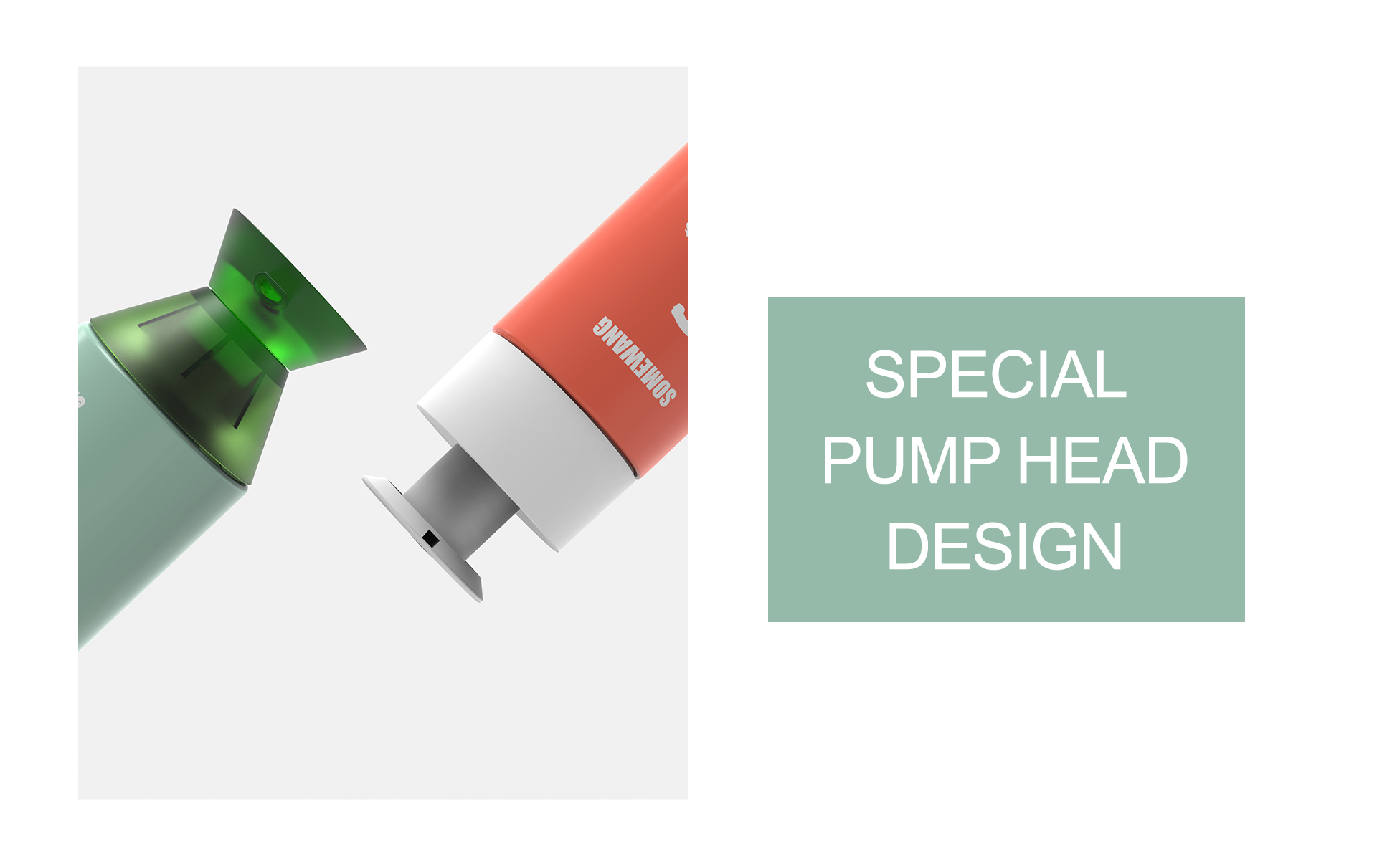 Two tubes with special pump head designs—one green, one orange—are shown with the text "SPECIAL PUMP HEAD DESIGN.