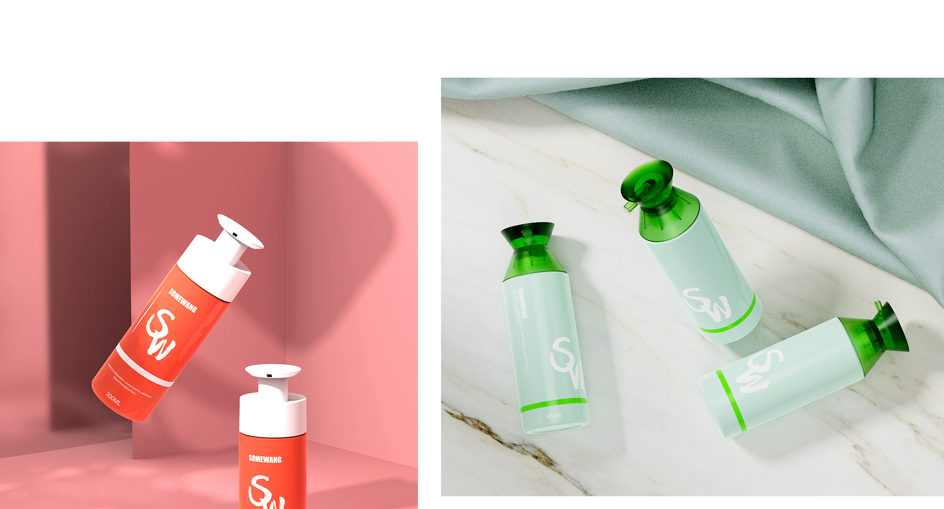 Two red pump bottles sit on pink; three green-and-white pump bottles rest on marble beside green fabric.