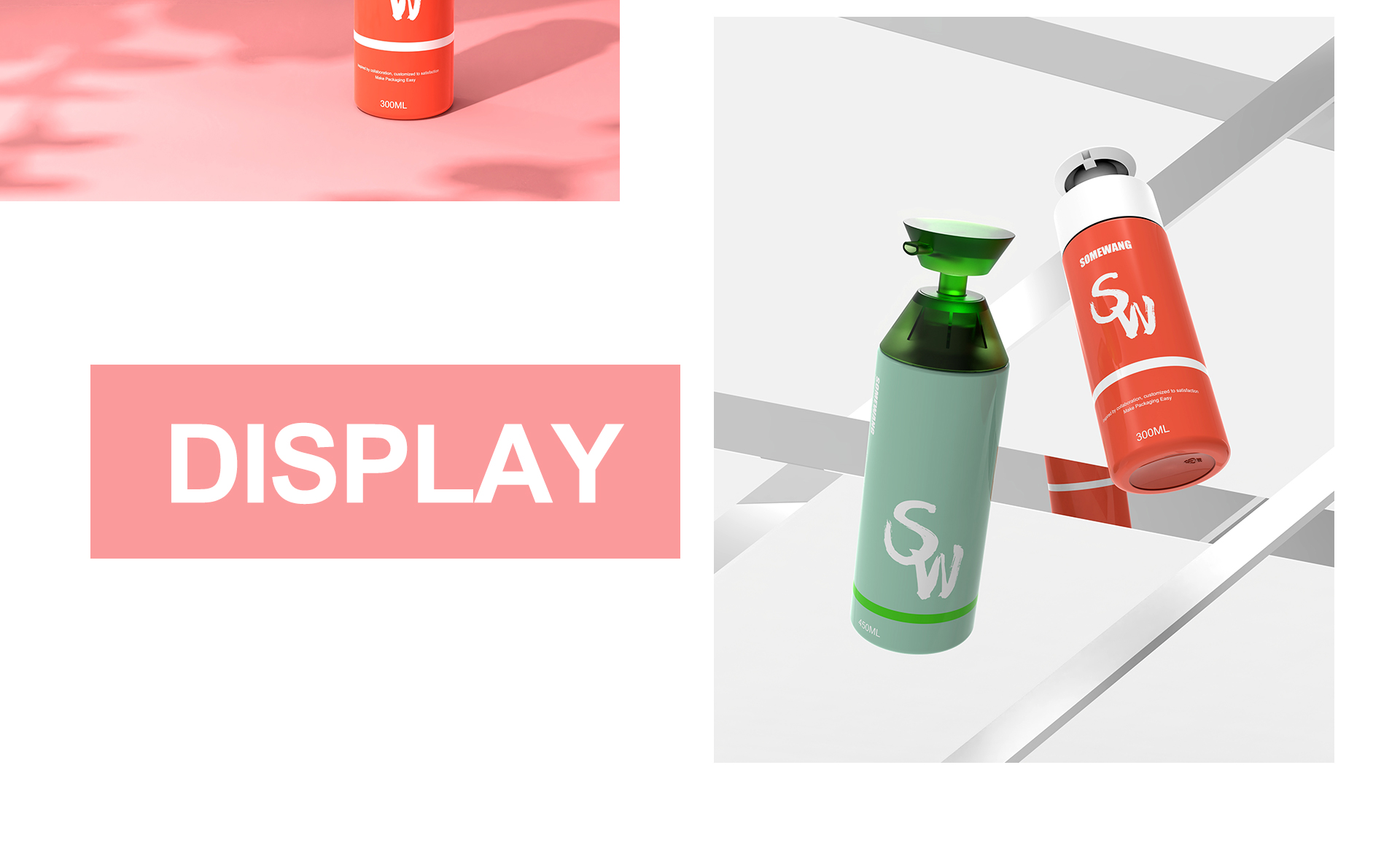 Two reusable bottles, green and orange, sit on white shapes with "DISPLAY" in bold on a pink background.