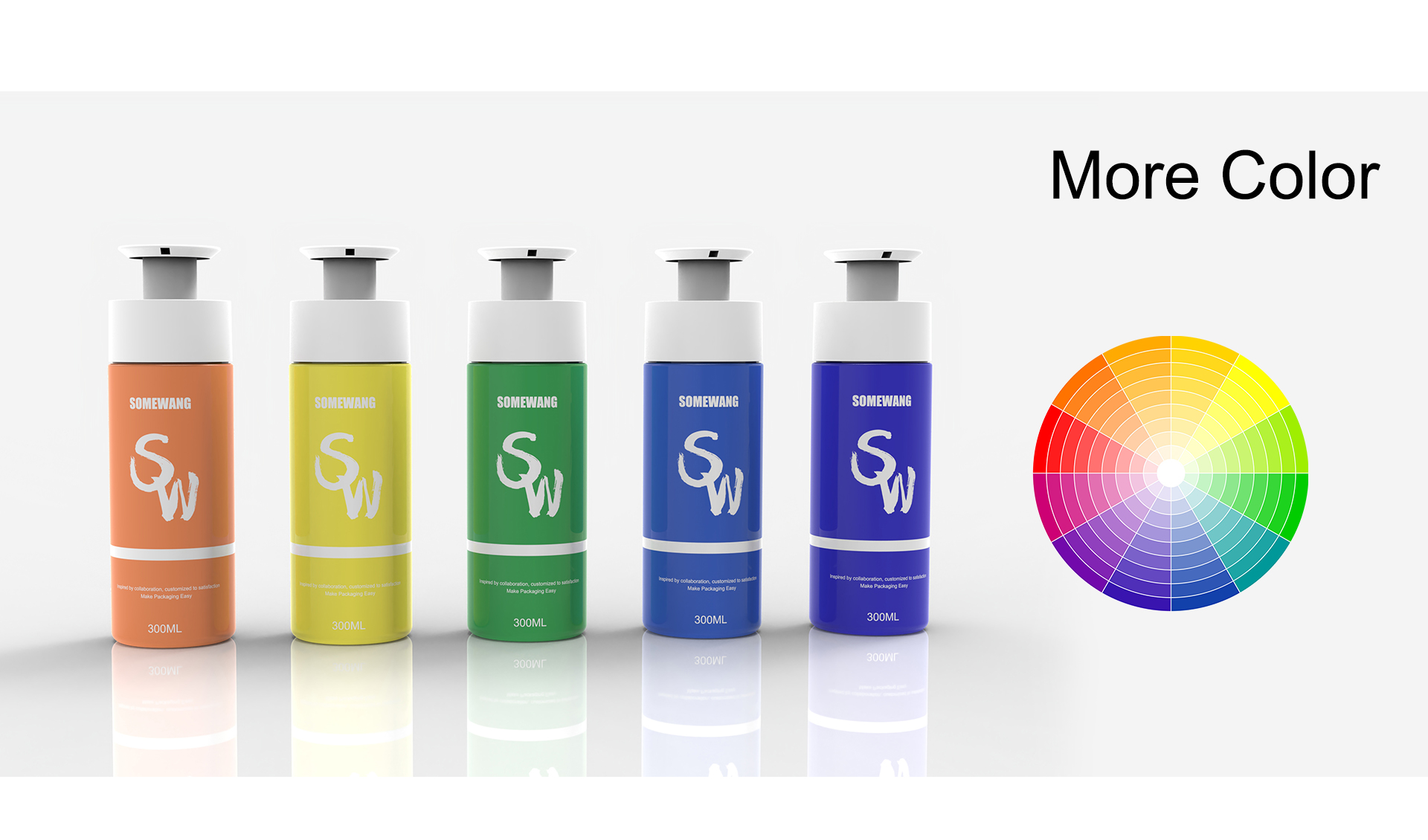 Five "SOMENAME SW" bottles in orange, yellow, green, blue, and dark blue sit beside a multicolored color wheel.