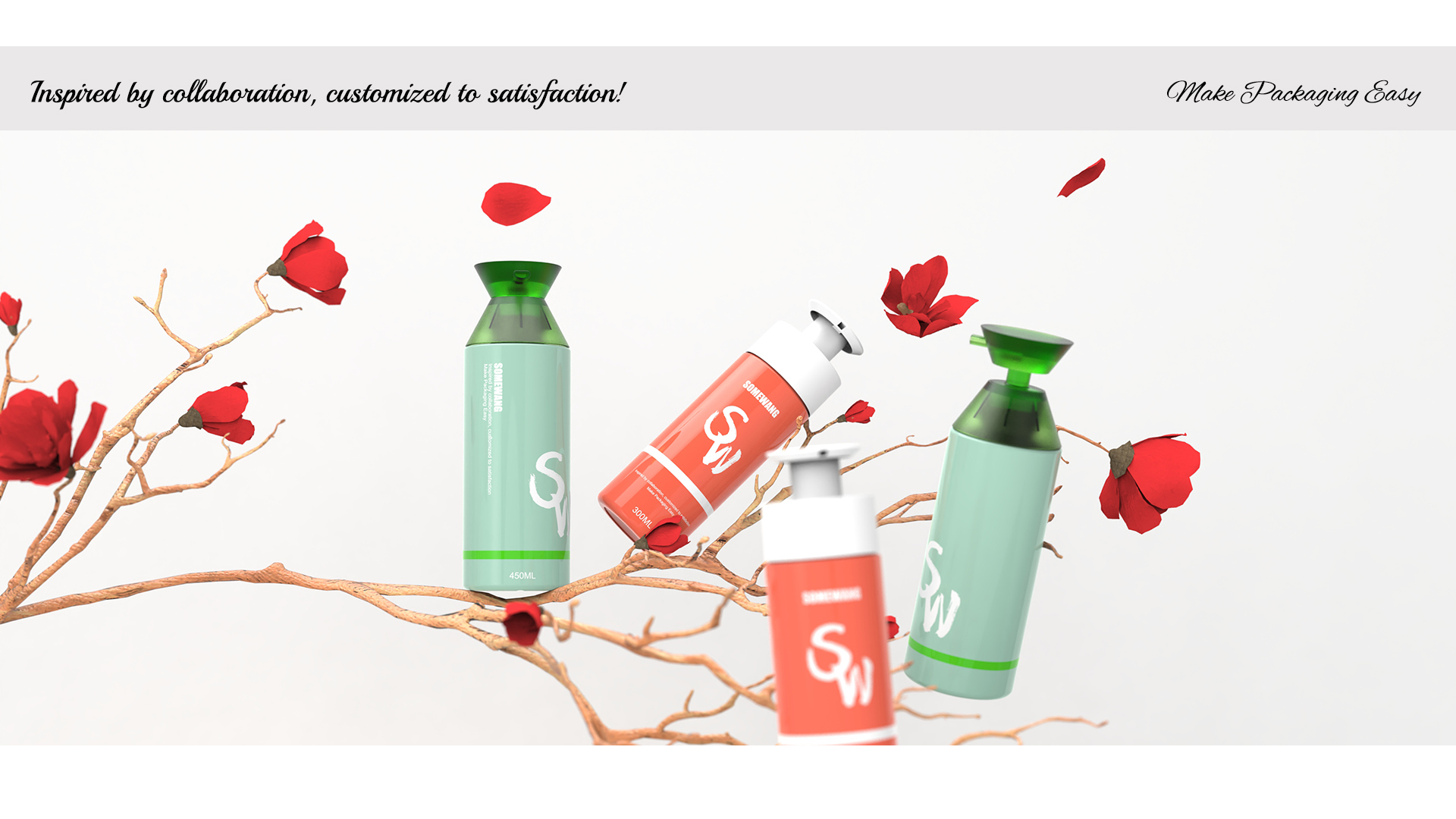 Four cosmetic bottles with red and green labels are displayed among red flowers. Text: “Inspired by collaboration, customized to satisfaction!”.