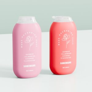 Zwei 300-ml-Flaschen – rosa und rot mit Blumenmustern und „MAKE PACKAGING EASY/SOMEWANG“ – sind auf Weiß abgebildet.