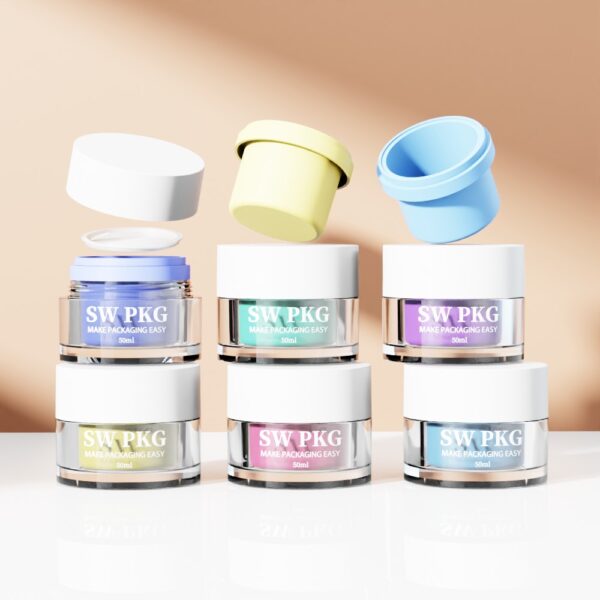 Six pastel-lidded jars are stacked in two groups; green and blue lids float above them.