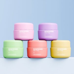 Five colorful "SOMEWANG SW PKG" cream jars in pink, purple, green, red, and yellow on a light blue background.