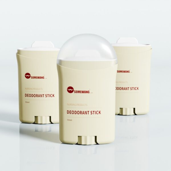 Три бежевых флакона «SOMEWANG Nursing Products Deodorant Stick, 50 мл» находятся на белой поверхности; в центре имеется прозрачный колпачок.