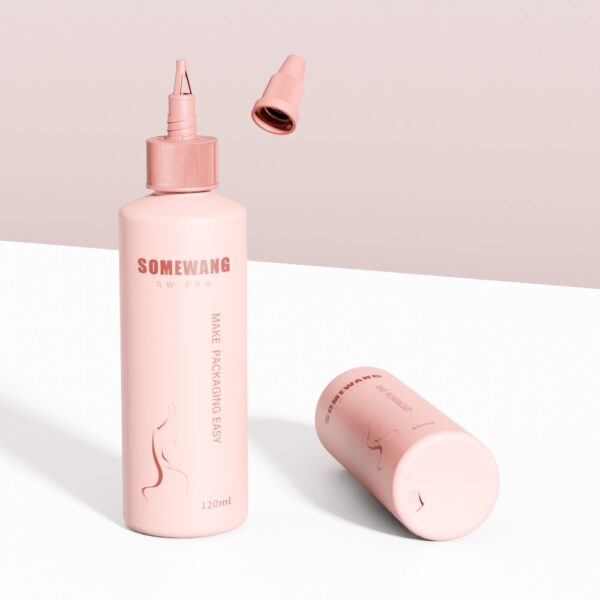Dua botol HDPE khusus berwarna merah muda (30ml dan 80ml/120ml) dengan tutup ujung—satu tegak tanpa tutup, satu tergeletak.