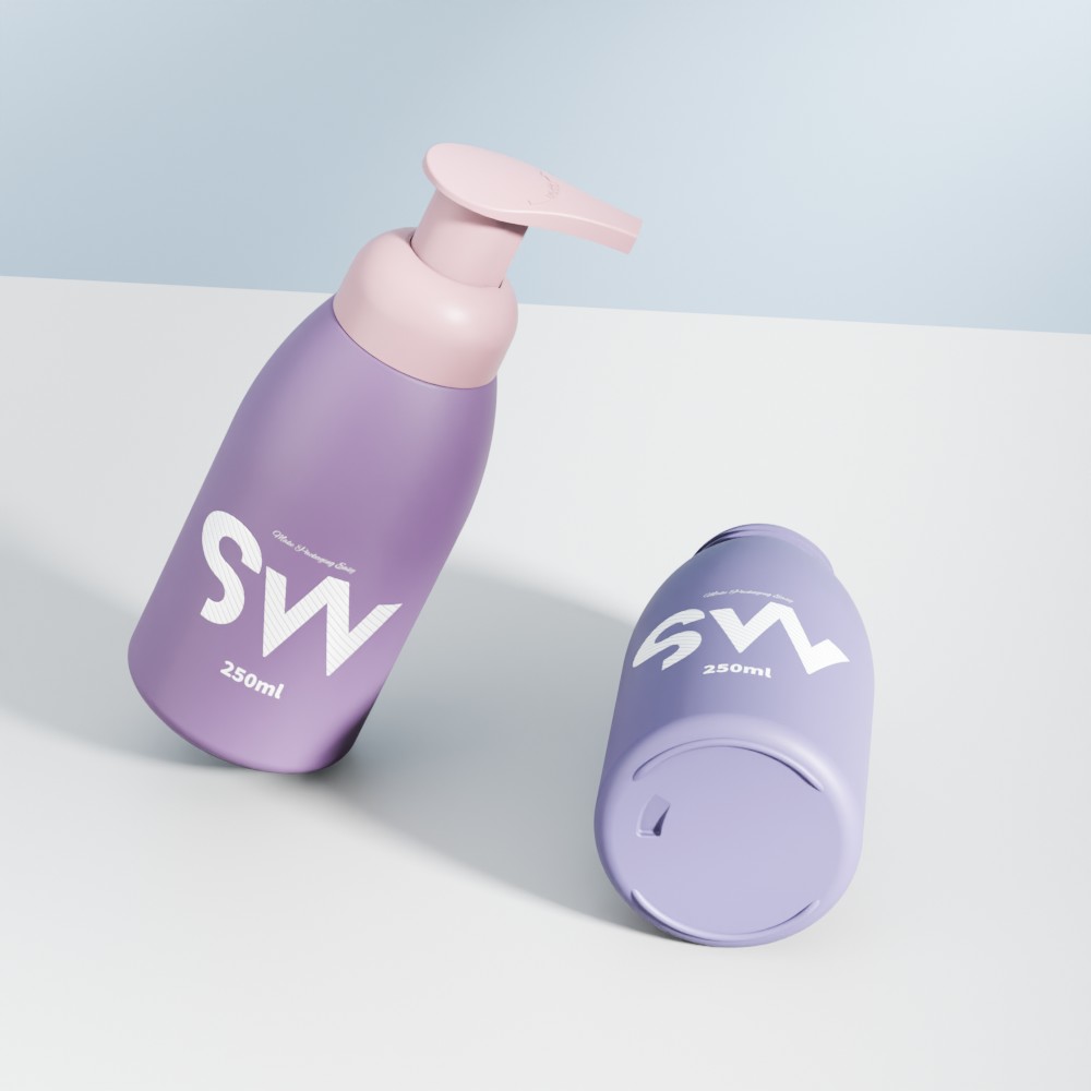 Zwei lavendelfarbene 250-ml-HDPE-Schaumflaschen mit rosafarbenen Pumpen stehen auf einer weißen Oberfläche, eine aufrecht und eine liegend.