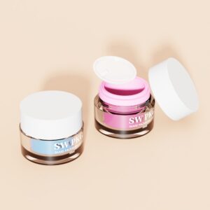 Due barattoli per cosmetici beige: uno chiuso con crema blu, uno aperto con crema rosa.