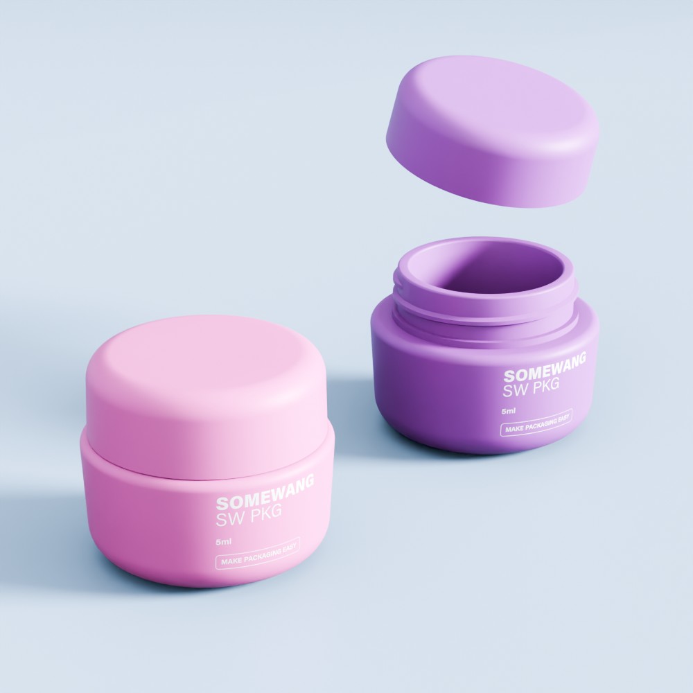 Two small cosmetic jars—one pink (closed), one purple (open)—appear on a light blue background.