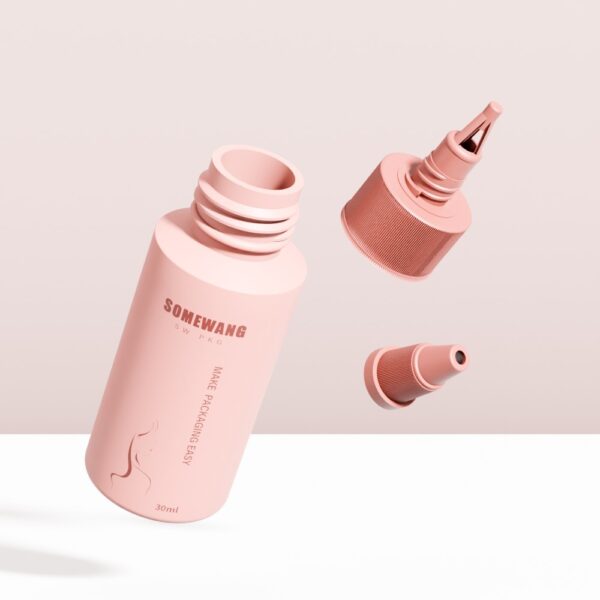 Botol HDPE merah muda (30/80/120ml) dengan ujung dan tutup biasa mengapung pada latar belakang pucat—cocok untuk penggunaan khusus.