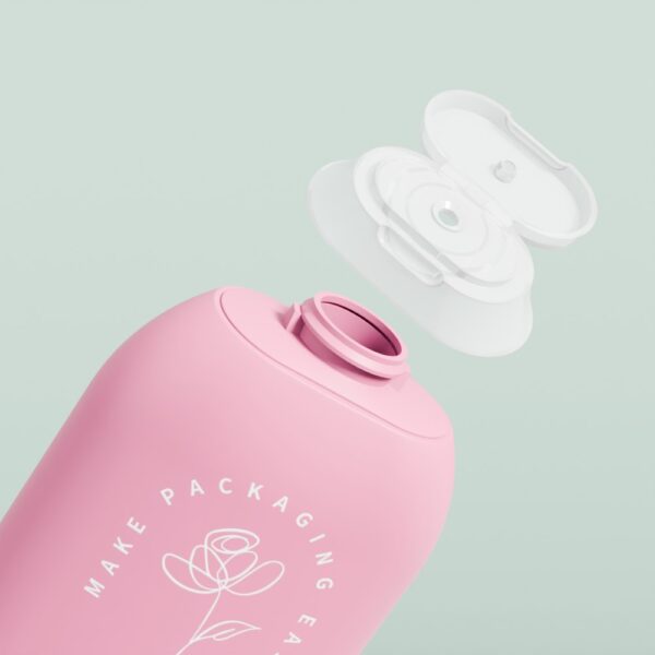 Flacone rosa da 300 ml in HDPE con tappo a scatto bianco, apribile per mostrare l'ugello, decorato con un fiore e la scritta "MAKE PACKAGING EAR".