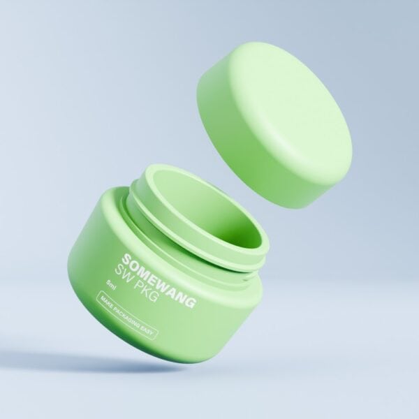 Toples kosmetik "SOMEWANG SW PKG" berwarna hijau muda dengan tutup mengambang pada latar belakang biru muda polos.