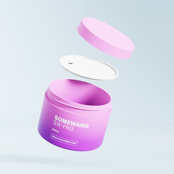 A pink 250ml PP double-wall jar with screw cap floats above a light background, labeled "Customized 250ml Jar.