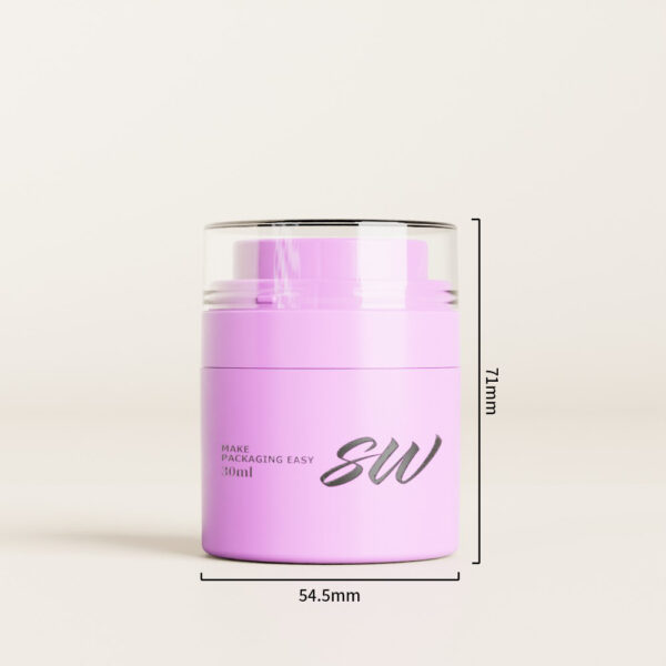 Hũ đựng mỹ phẩm màu hồng, dung tích 30ml, cao 71mm x rộng 54,5mm, nắp trong suốt, có nhãn "SW".