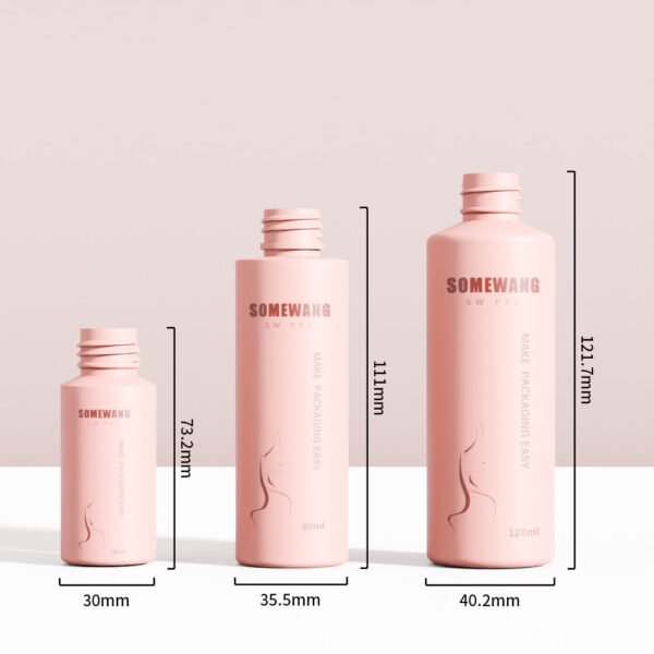 Botol HDPE merah muda 30 ml, 80 ml, dan 120 ml yang dapat disesuaikan dengan tutup ujung yang ditampilkan dalam posisi tegak dan diberi label. Tersedia pilihan yang dapat disesuaikan.